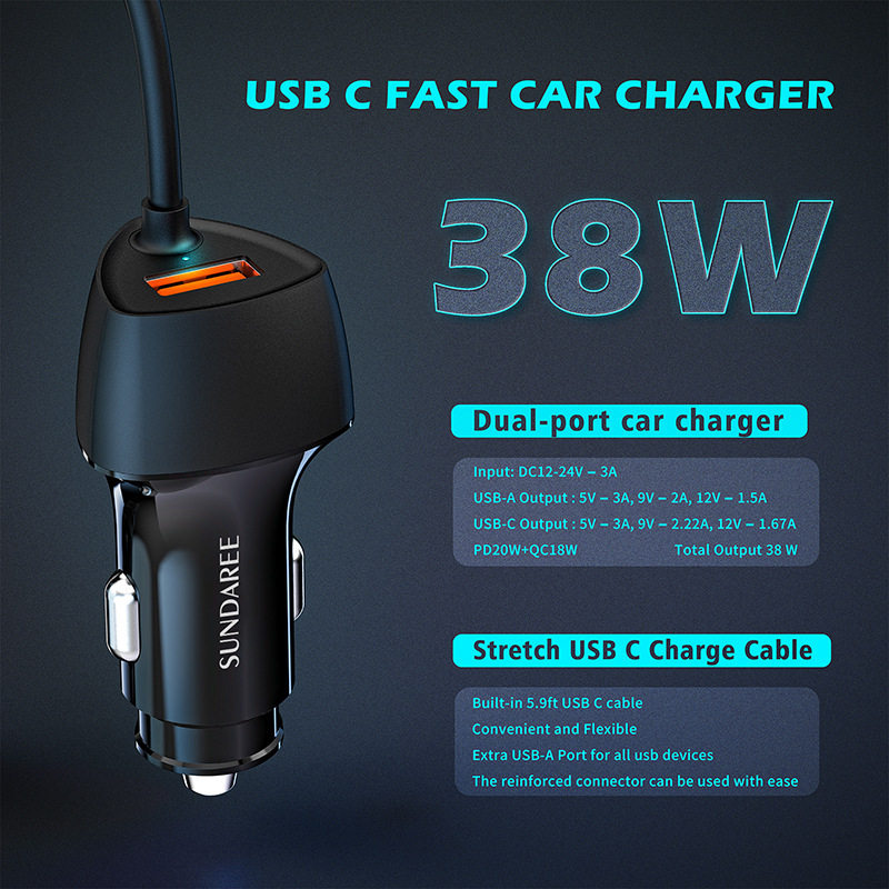Cross-Border Pd30W+Qc18W Car Charger, Super Fast Charging Car Charger with Retractable Cable, Factory Wholesale