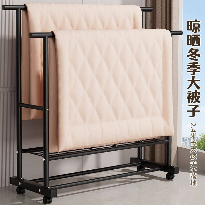 Rough and Thick Simple Clothes Hanger Floor-standing Vertical Household Bedroom Balcony Clothes Hanger Double Row Clothes Rod Mobile Clothes Hanger