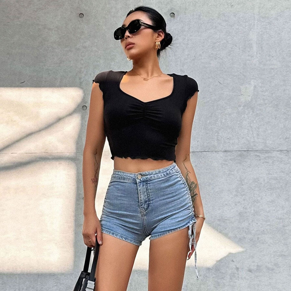 V Neck Ruched Slim Fit T Shirt Stretchy Cropped Solid Color Short Sleeve Summer Casual Wear Wholesale Available