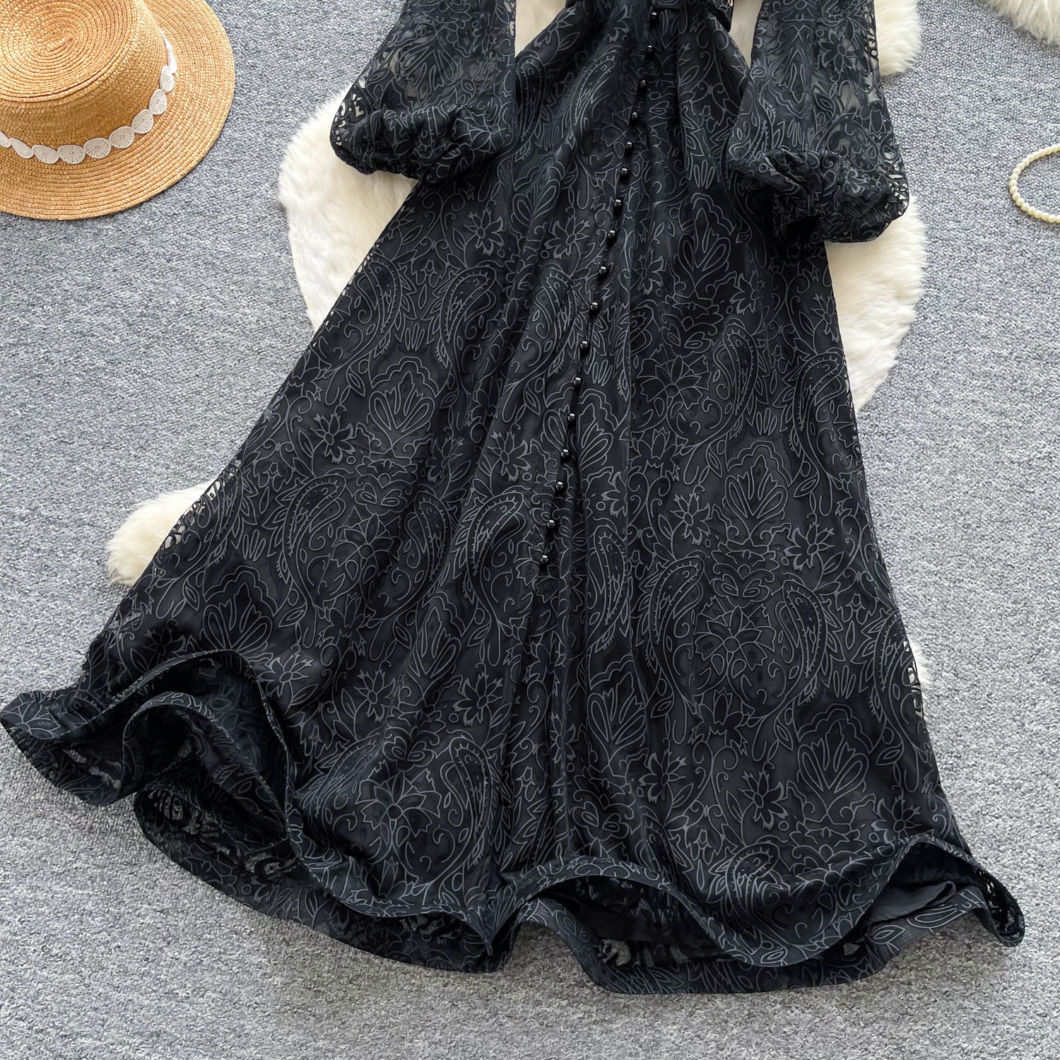 Elegant French Lace Long Sleeve Dress Fitted Waist A Line Silhouette High End Style Perfect for Commuting and Special