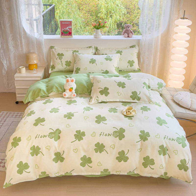 Small Fresh Thickeneded Brushed Four-Piece Set Simple Pure Cotton Bed Bed Sheets Quilt Cover Dormitory Cartoon Three-Piece Set Single Quilt Cover Wholesale