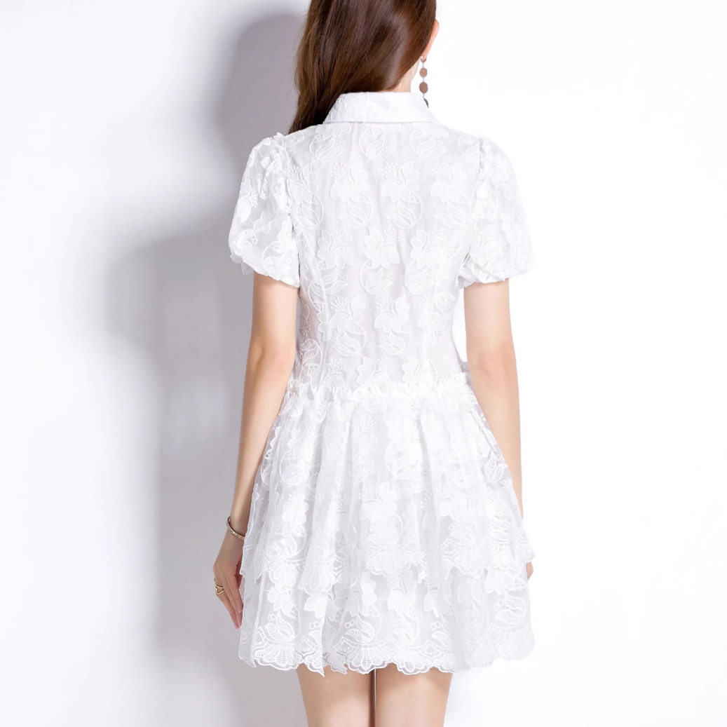 French Vintage Court Style Dress Elegant Embroidery Ruffled Hem Sweet Princess Silhouette Perfect for Parties and