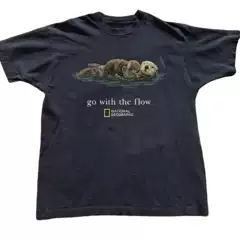 European Size Pure Cotton Otter with Baby Go with the Flow Printed T-Shirt, Heavy Craftsmanship, Forest Style Fashion