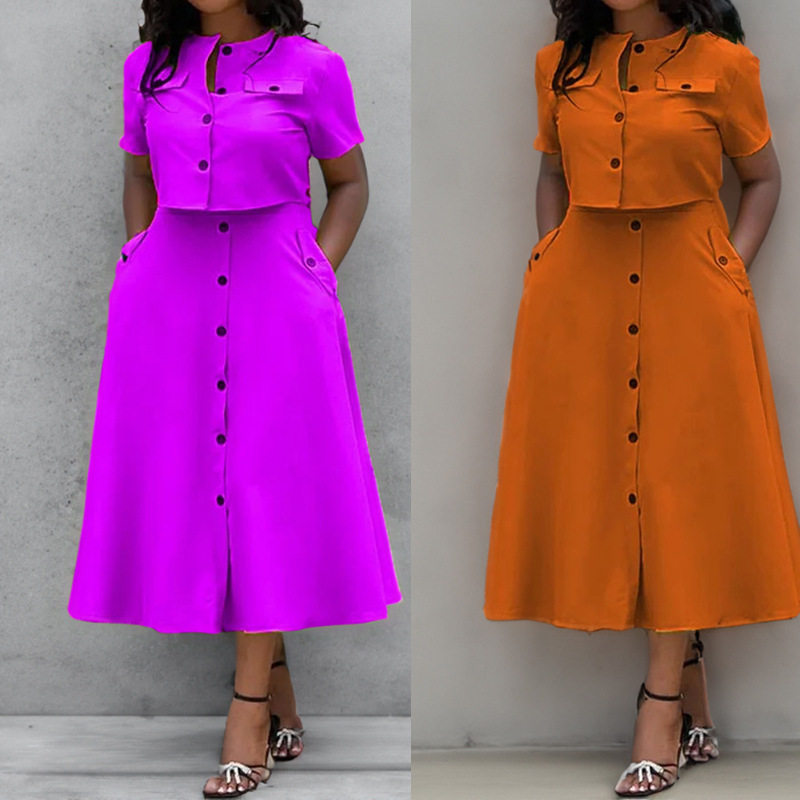 Womens Spring Short Sleeve Button Up Long Dress Set Solid Color Commuter Style Elegant Design Wholesale Available