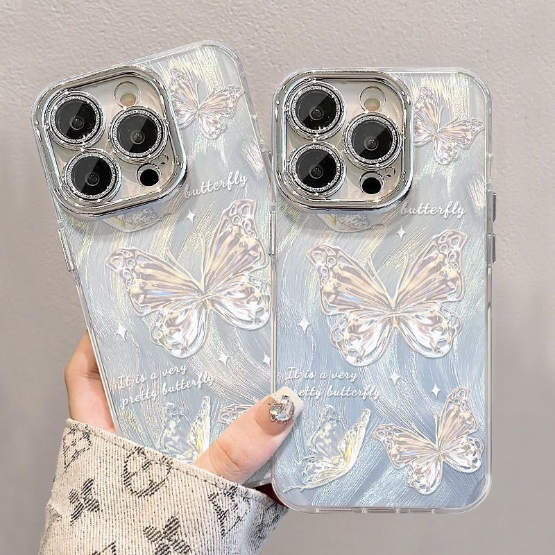 Silver Butterfly Suitable for Apple 16Promax Mobile Phone Case Female Iphone15 Lens Film All-Inclusive 14Pro Feather Yarn