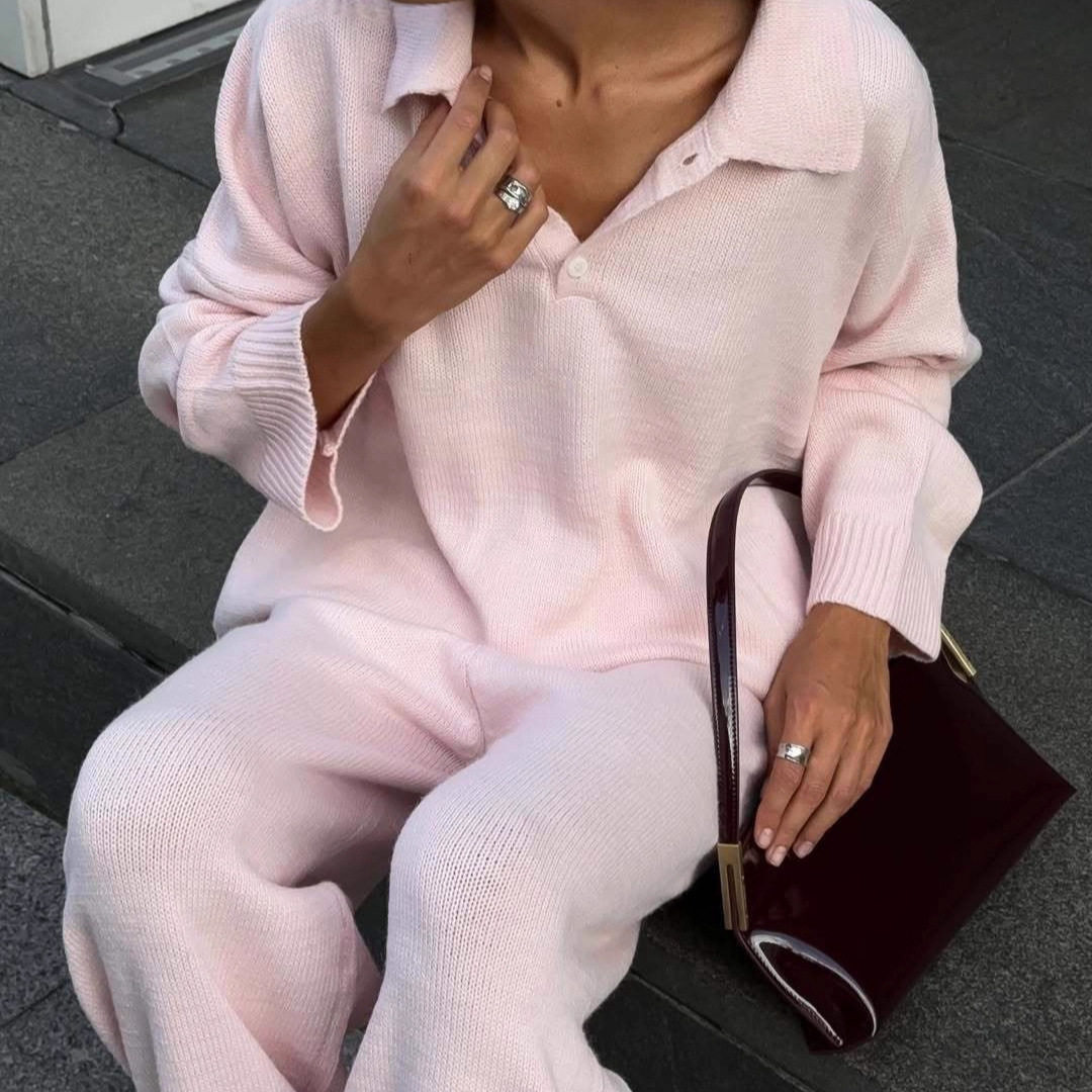 Womens Autumn Winter Solid Color Polo Neck Sweater Set Loose Fit Knit Sweater and Wide Leg Pants Casual Wear Wholesale