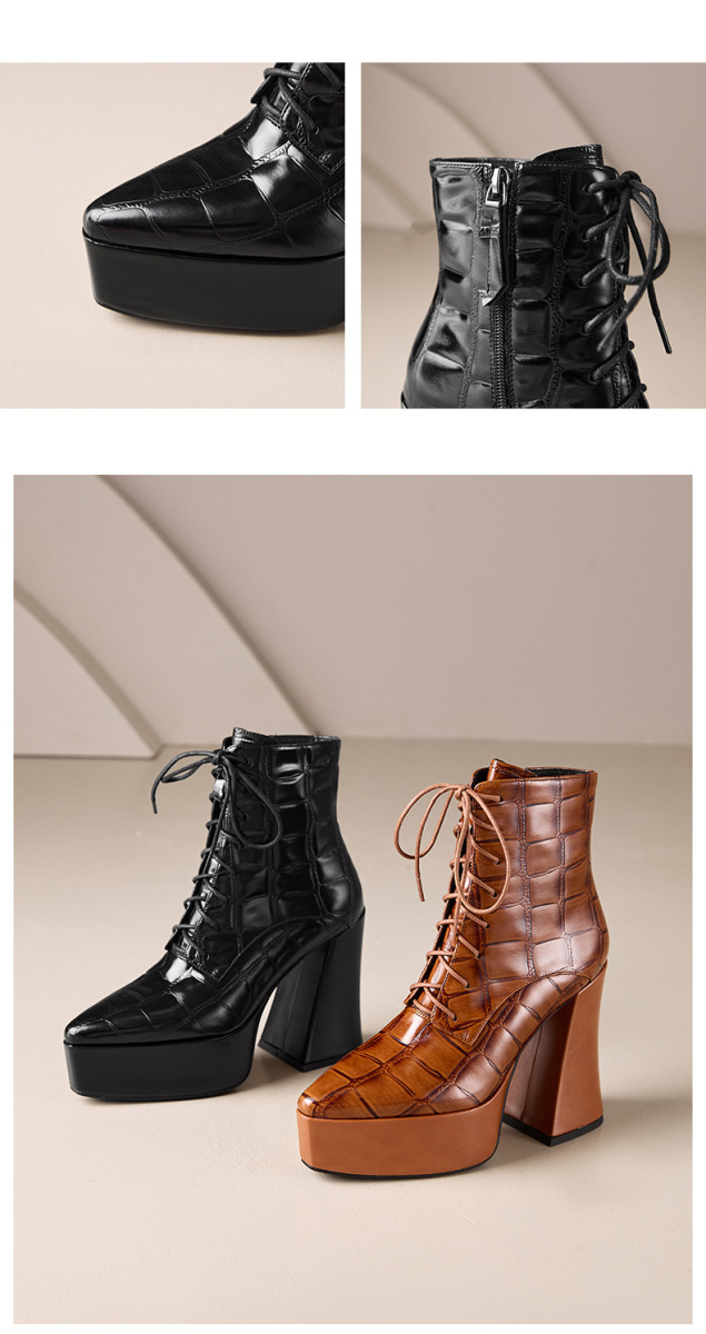 Boot Martin nữ da bò vân đá buộc dây gót cao 12cm mũi nhọn — Lớp lót đơn màu đen, Lớp lót đơn màu nâu, Lớp lót nhung đen, Nhung nâu