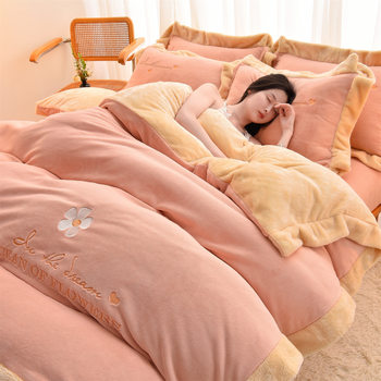 Light luxury milk velvet bed four-piece autumn and winter flannel coral velvet thickened plus velvet quilt cover dormitory three-piece set