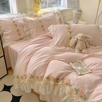 Princess-Style Bed Skirt Four-Piece Set with Brushed Fabric, Girly Embroidery, Lace Trim, Duvet Cover, Bed Sheet, and Fitted Sheet in a Fresh Style
