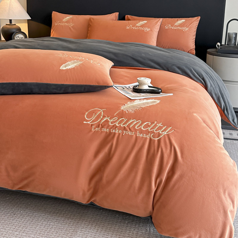 Winter Warm Crystal Velvet Four-Piece Set Milk Velvet Coral Velvet Quilt Cover Single Piece Double-Sided Fleece-Lined 1.8m Bedding