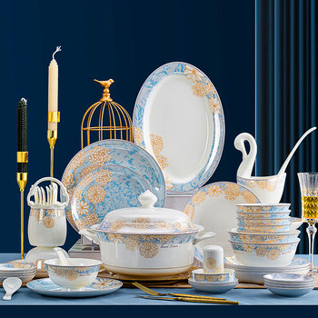 Jingdezhen Ceramic Tableware Light Luxury Bowl and Diet Set Household New Home Housewarming Bowl and Chopsticks European-style Bowl and Dishes Gift Box for Gifts