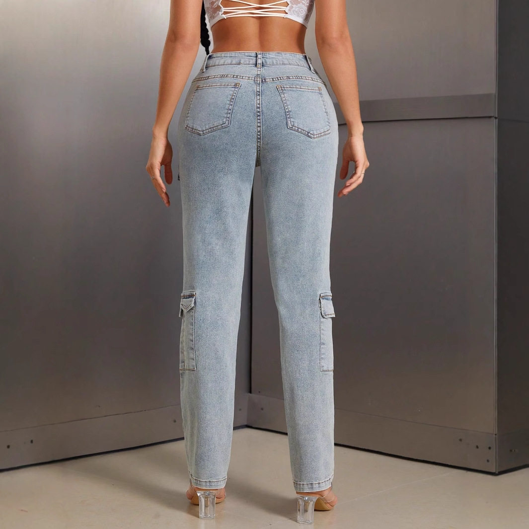 Womens Cargo Denim Trousers Multi Pocket Design Casual Style Comfortable Fit Perfect for Everyday Wear Wholesale