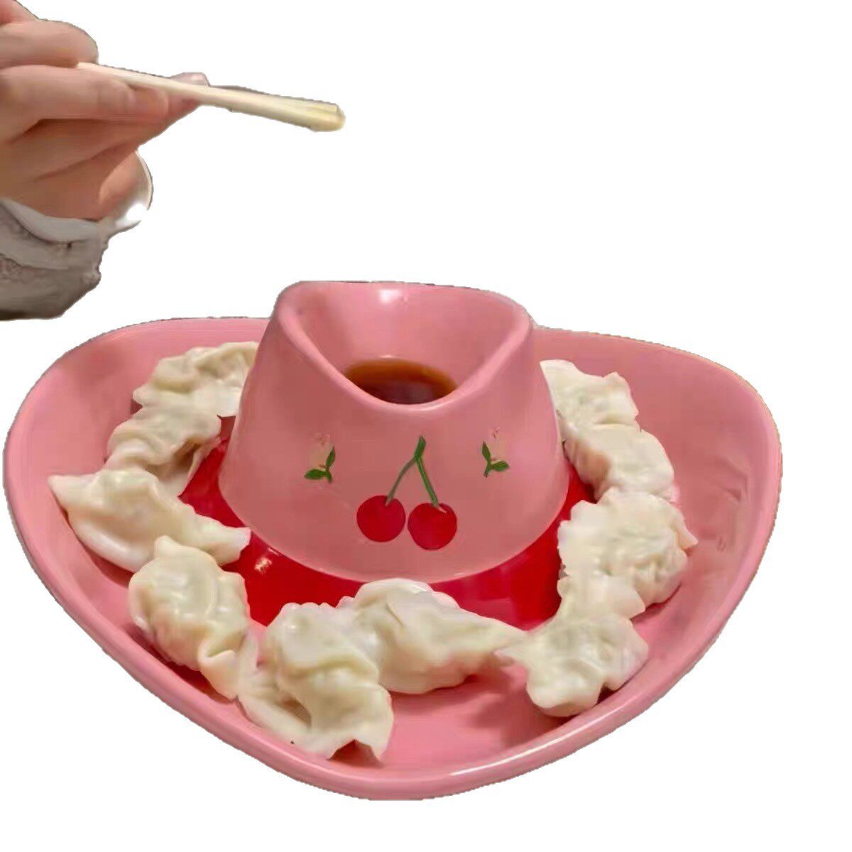 Cowboy Hat Dumpling Plate with Dipping Sauce Dish Ceramic Girly Heart Home Dining Plate with Vinegar Dish Divided Plate Cute Abstract Plate