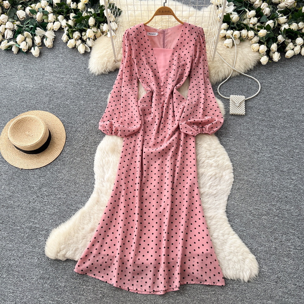 Vintage Polka Dot V Neck Puff Sleeve Dress Slim Fit Elegant Mid Length Summer Office Wear Wholesale Available