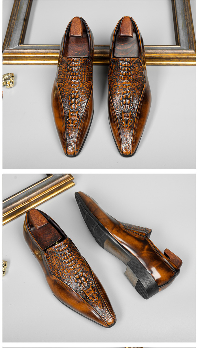 Giày lười nam da bò mũi nhọn mặt bóng không dây phong cách công sở — Màu nâu, Màu đen, Màu xanh lục đậm