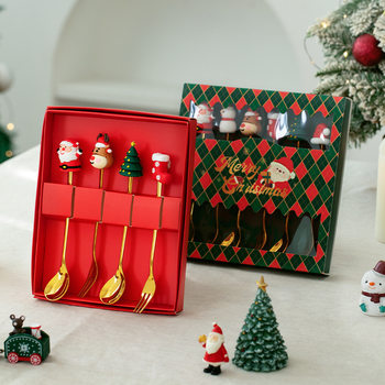 Cross-Border Christmas Spoon and Fork Set Creative Cartoon Snowman Elk Coffee Spoon Dessert Fork Christmas Spoon Gift Set
