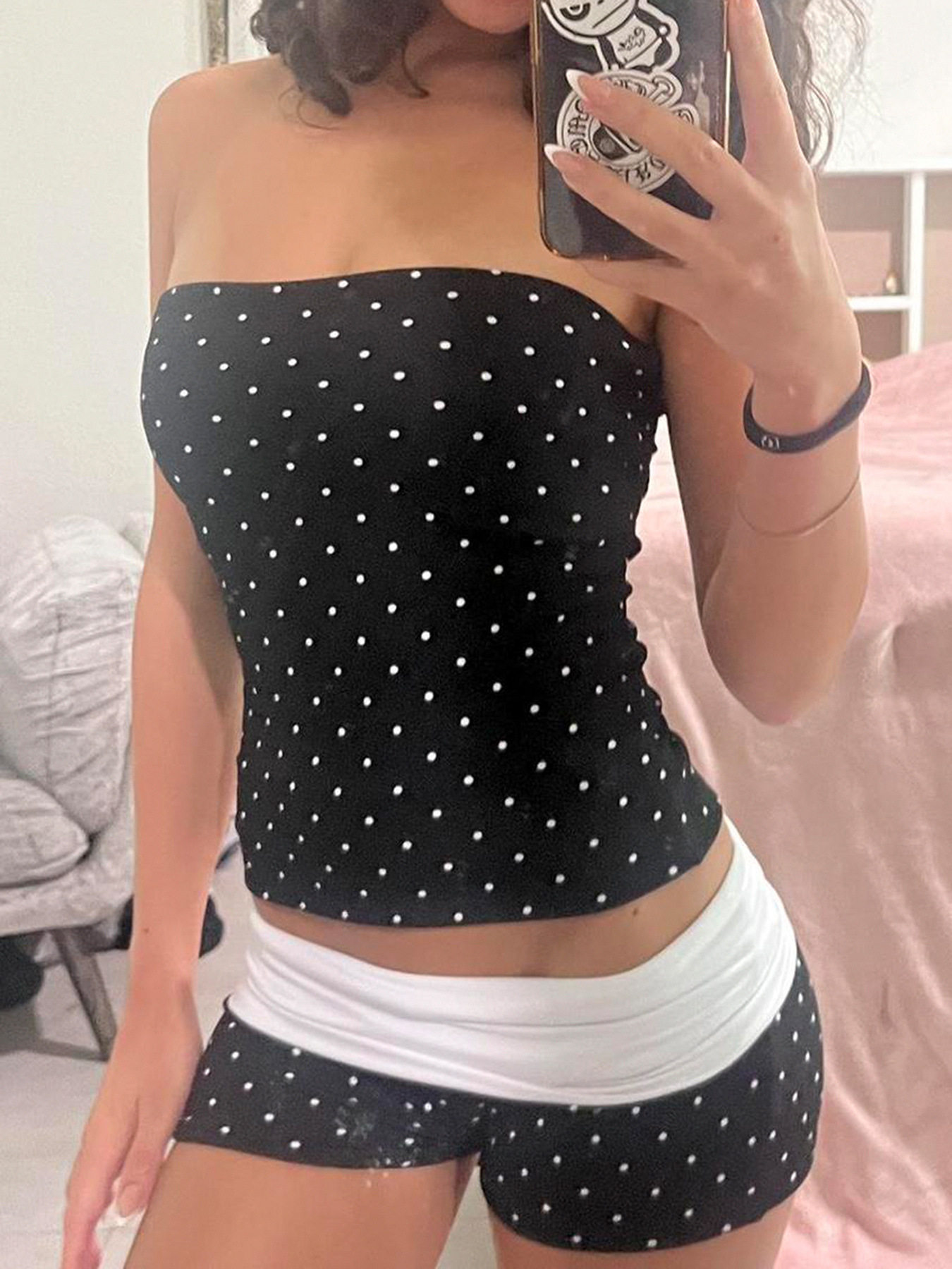 American Street Style Polka Dot Print Stitching Contrasting Color Chest-Wrapped Shorts Two-Piece Hot Girl Slimming Casual Sports Suit