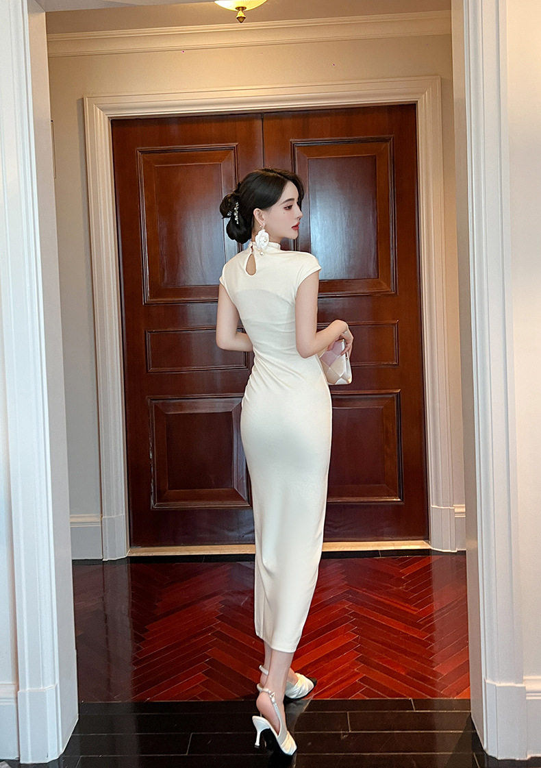 Đầm ôm body nữ cổ cao dáng dài mùa hè — [杏色], [黑色], [茶色], [红色] chi tiết 30