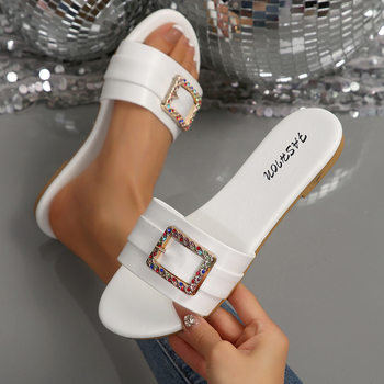 Cross-Border Women's Shoes Wholesale New Fashion Slippers Classic Temperament Versatile Solid Color Metal Decoration Round Toe Flat Sandals