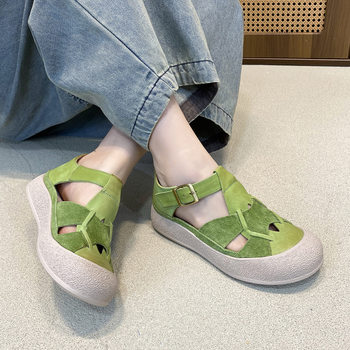 Top Layer Cowhide Casual All-Match Flat Sneakers Sports-Style Hollow Roman Sandals Women's 2025 Summer New Style
