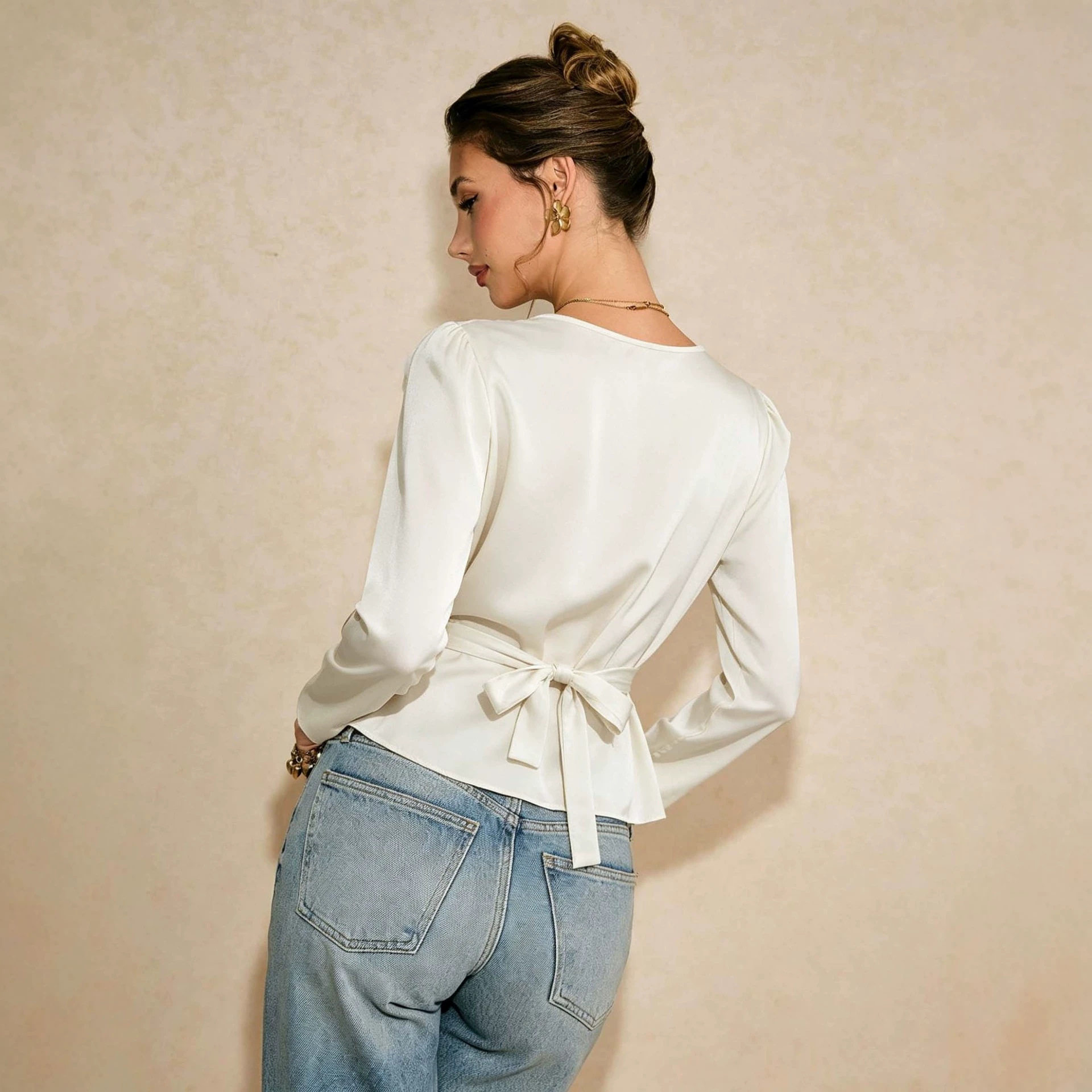 Satin Long Sleeve Blouse for Women V Neck Waist Tie Slim Fit Elegant Style Perfect for Casual or Formal Occasions