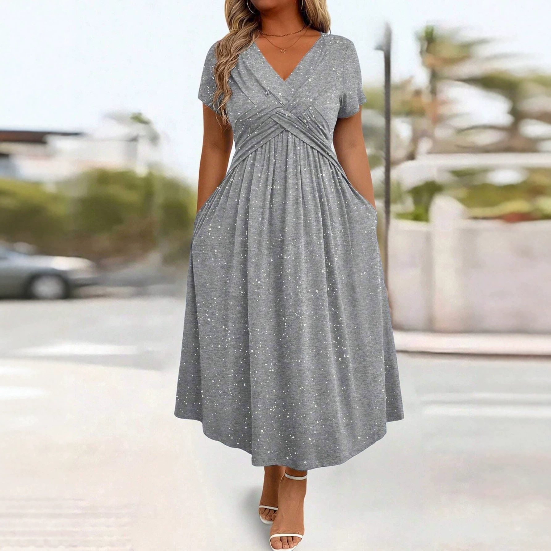V Neck Short Sleeve Bodycon Dress Shimmering Fabric Waist Defining Fit Summer Style Wholesale Available