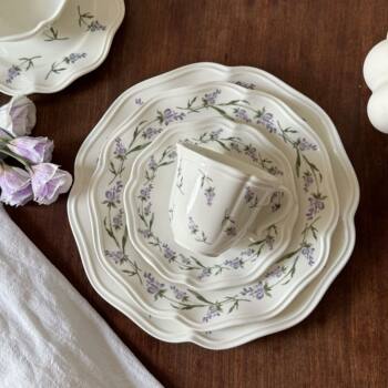 French Lace Lavender Ceramic Tableware Ceramic Plate Coffee Cup and Saucer Deep Plate Pasta Plate Ceramic Bowl Plate