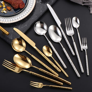 Round Handle Hammer 304 Stainless Steel Knife and Fork Spoon Tableware Western Restaurant Steak Knife and Fork Dessert Spoon suit