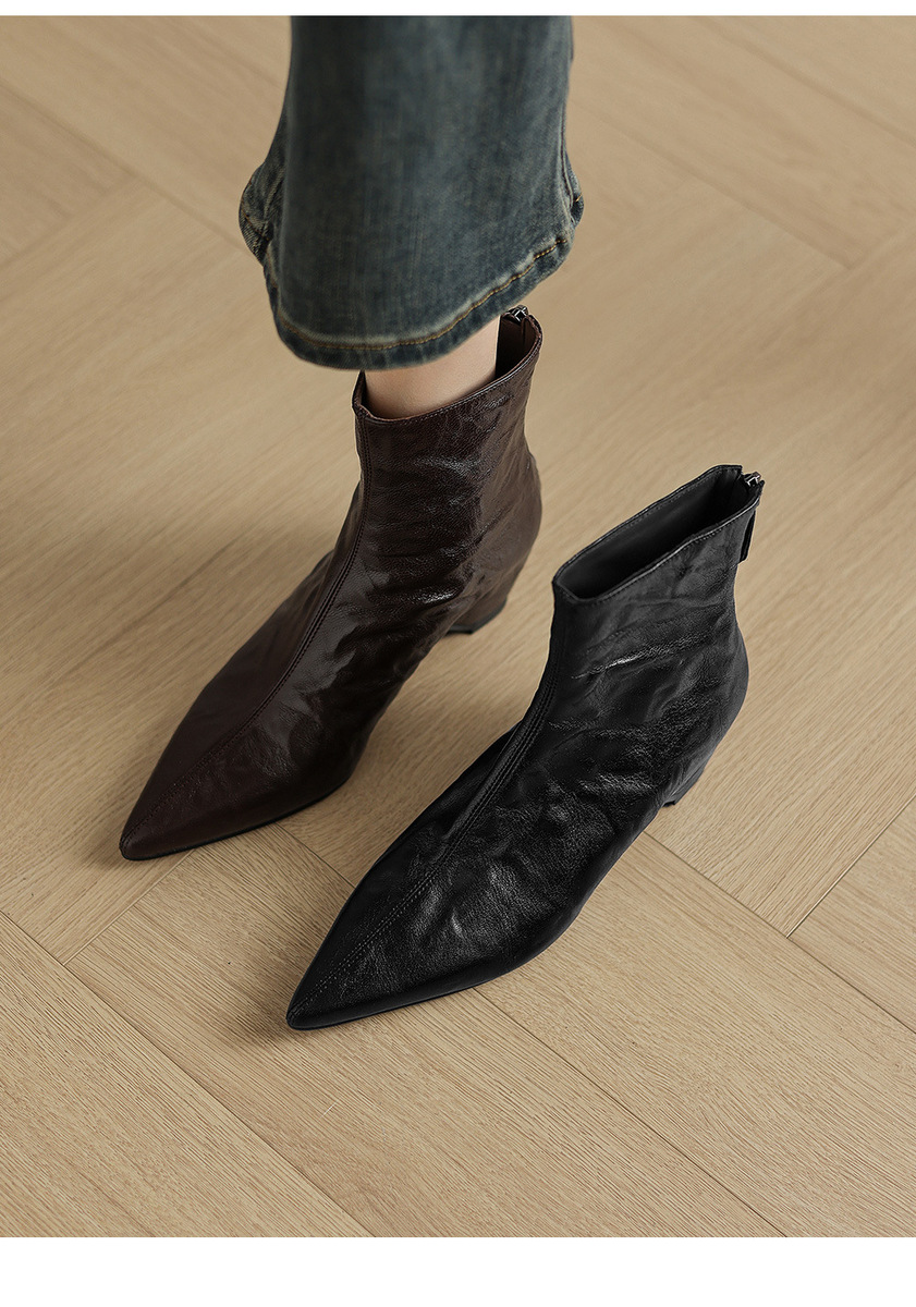 Boot nữ cổ thấp mũi nhọn da cừu thật gót vừa khóa kéo sau — Lớp lót đơn màu đen, Lớp lót đơn màu nâu, Lót nhung đen, Lót nhung màu nâu