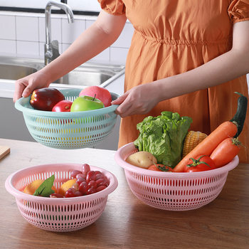 Round Hollow-out Vegetable Washing Basket Three-piece Vegetable Washing Basin Fruit Basket Plastic Draining Sieve Kitchen Vegetable Draining Basket