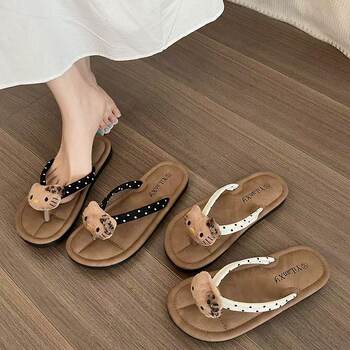 New Beach Flip-Flops Women's Summer Waterproof European Style Seaside Leopard Print Holiday Clip Foot Cute Cat Flat Slippers