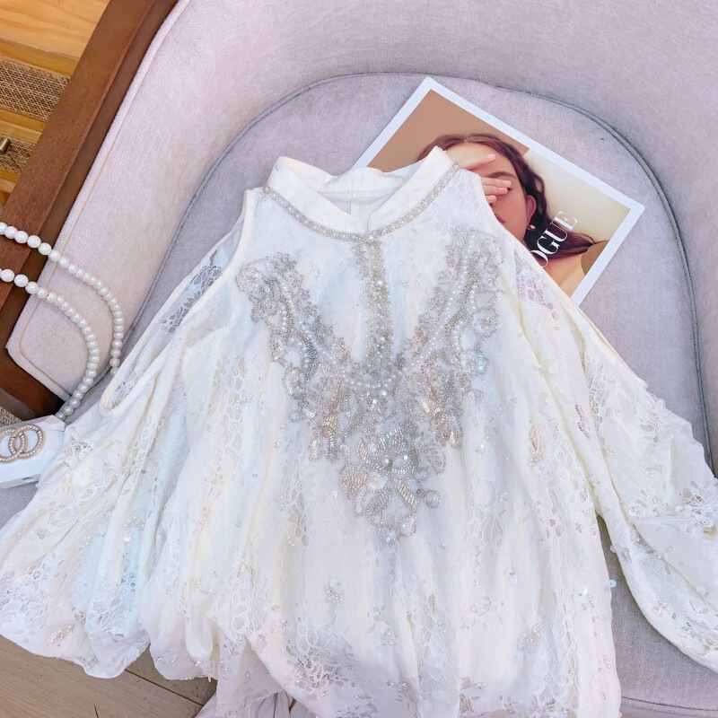 Đầm suông nữ thêu thủ công trễ vai tay phồng dáng dài — Màu nâu kaki - Chất lượng cao, Trắng cực quang, Xanh tuyết núi