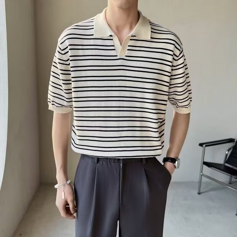 2025针织polo衫男日常百搭短袖夏季翻领简约半袖轻熟休闲条纹上衣