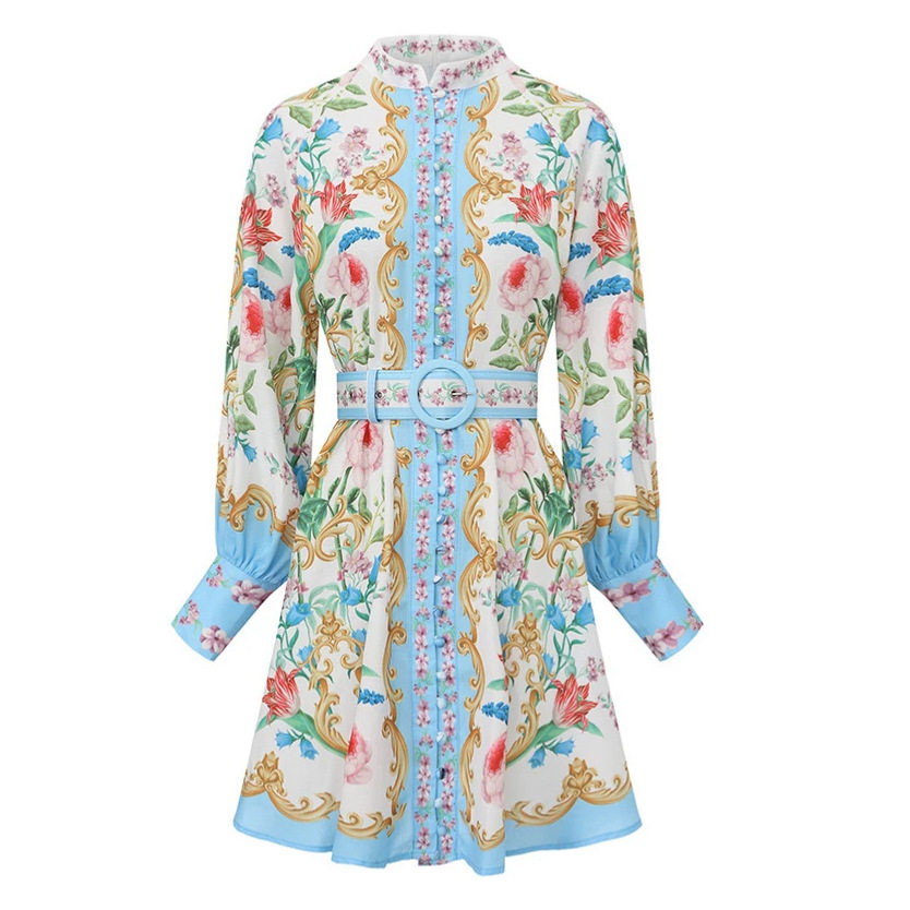 V Neck Lantern Sleeve Floral Print Dress Slim Fit A Line Silhouette Spring Summer Style Perfect for Office Wear