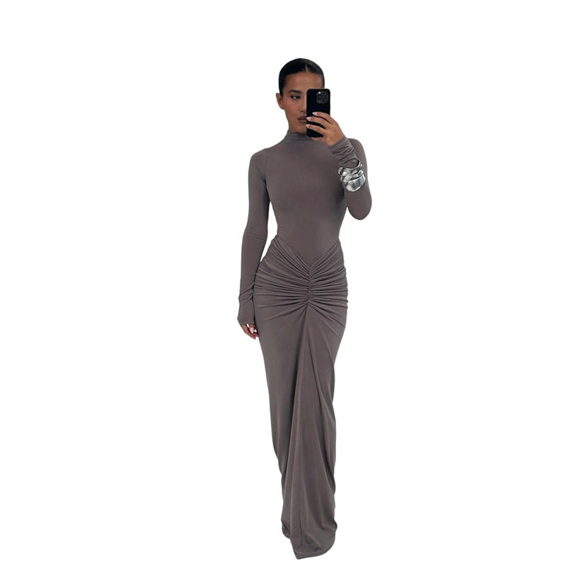 Elegant Solid Color Long Dress Slimming Fit Ruffled Design Perfect for Fall Winter Wholesale Available