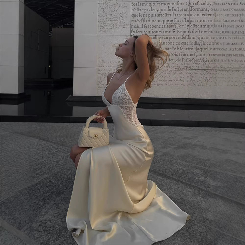 V Neck Satin Maxi Dress French Style Elegant Design Color Block Summer Fashion Wholesale Available
