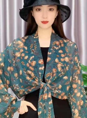 女新款雪纺印花宽袖夏季外搭短款小披肩防晒衣女百搭时尚透气上衣