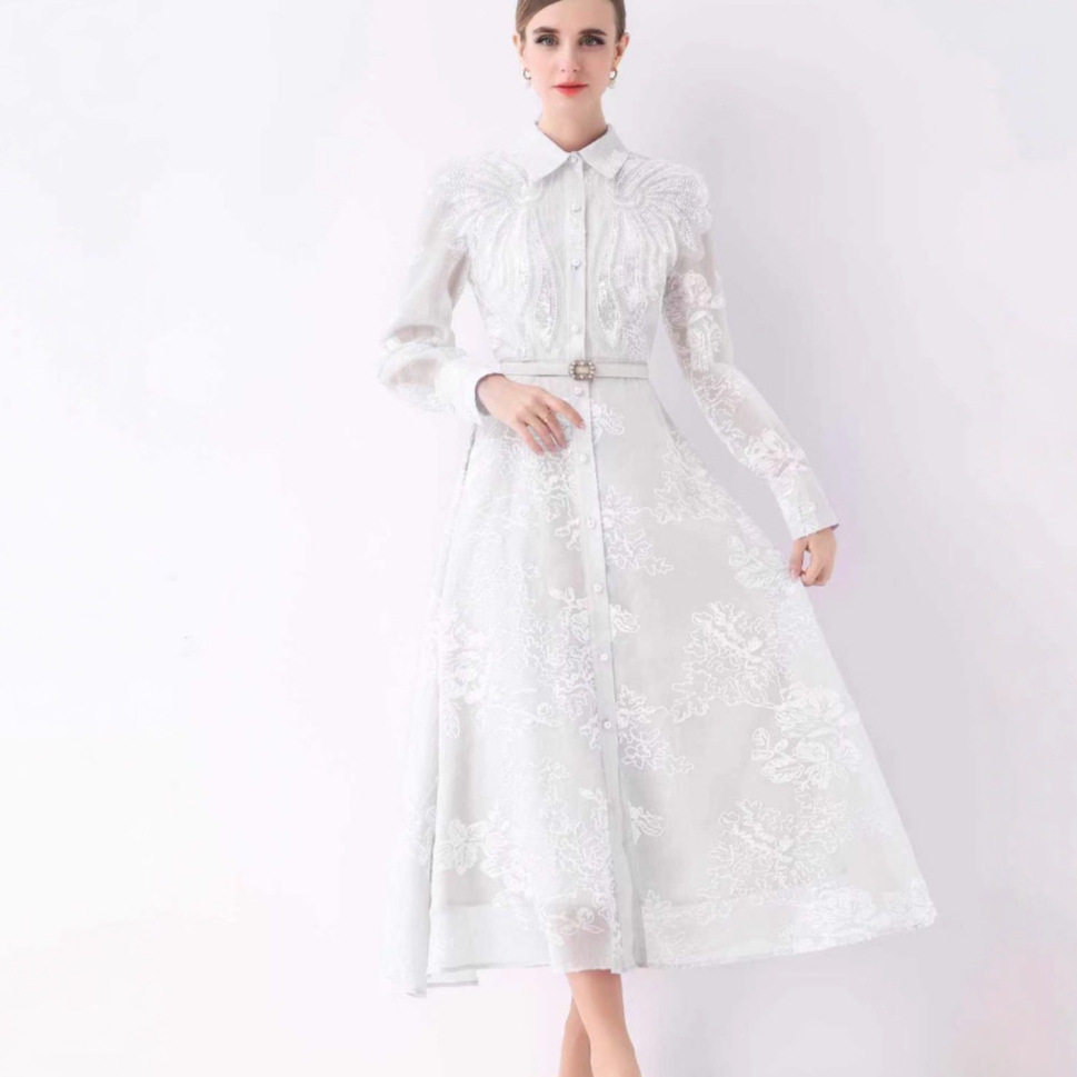 Vintage Inspired Embroidered Midi Dress Slim Fit Waist Cinching Lantern Sleeves Elegant Occasion Wear Wholesale