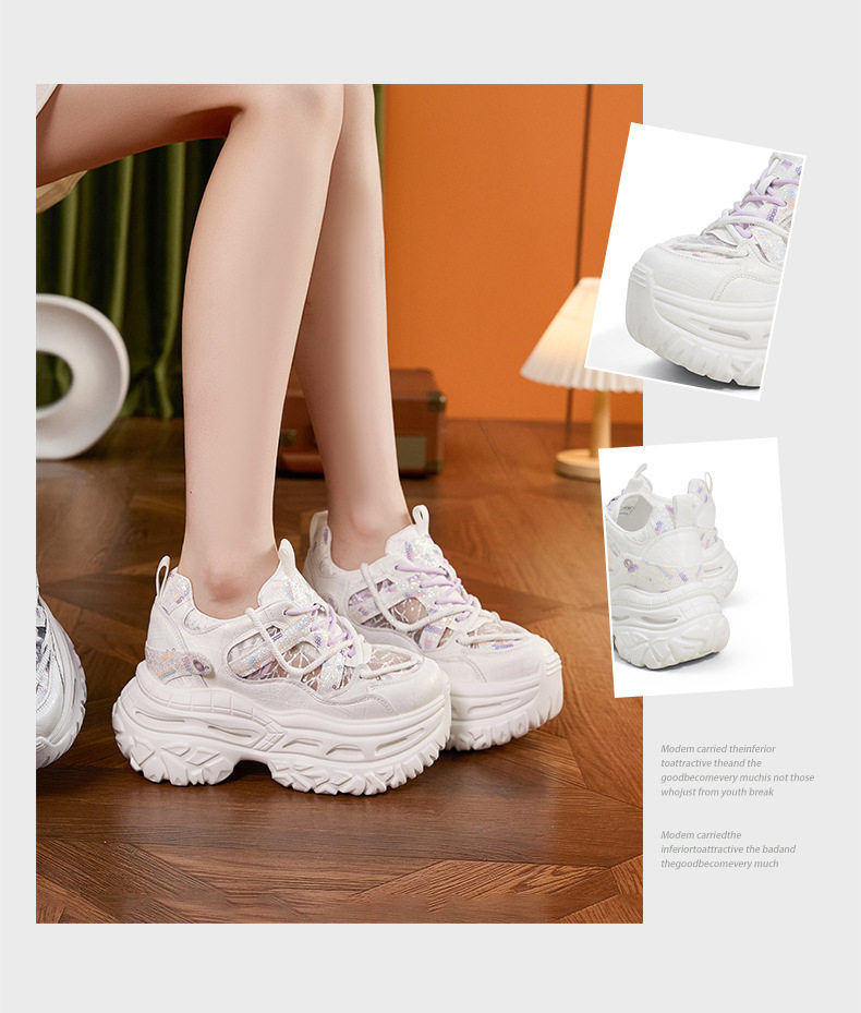 Giày sneaker nữ chunky đế dày phong cách thể thao, mũi tròn, dây buộc, đế cao siêu cao 8cm — Trắng Tím, Xám Xanh chi tiết 3