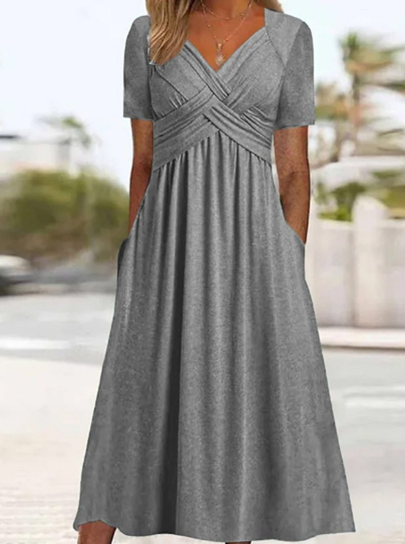 Fashionable Womens Solid Color V Neck Short Sleeve Pocket Dress Autumn Collection Casual Wear OEM Available