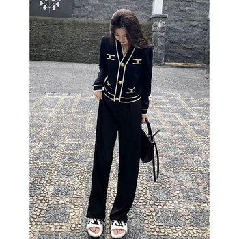 7064 Large Quantity in Stock Autum New High-End Hong Kong Style Retro Chic Korean Knitted Wide-Leg Pants Two-Piece Suit