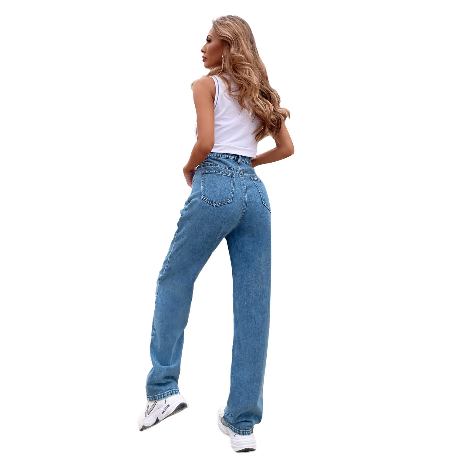 High Waisted Straight Leg Jeans Floor Length Slim Fit Comfortable Denim Casual Wear for Women Wholesale Available