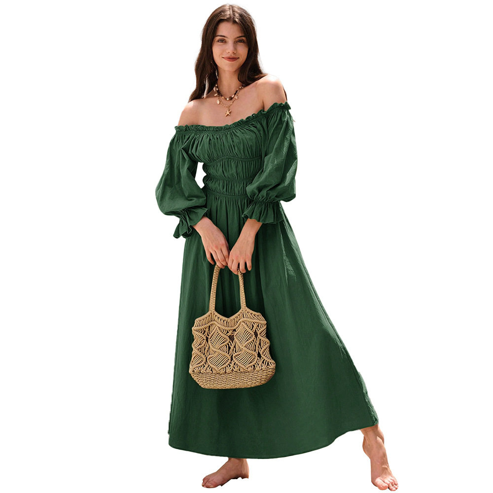 Vintage One Shoulder Lantern Sleeve Maxi Dress Elegant Design Flowy Silhouette Comfortable Fabric Perfect for Parties