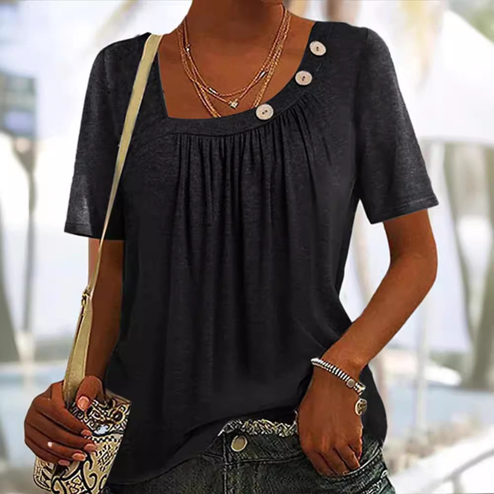 Womens Short Sleeve T Shirt Solid Color Button Detail Round Neck Summer Fashion Wholesale Available