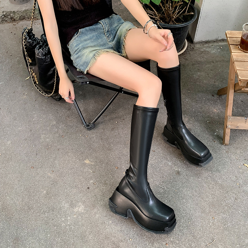 Boot nữ cổ cao ôm bắp chân gót vuông 9cm tăng chiều cao, đế dày chống trượt — Da sáng chế màu đen lót nhung ống nhỏ, Lót nhung ống nhỏ màu be, Màu đen bằng sáng chế da ống nhỏ bên trong, Màu đen da bò ống nhỏ lót một lớp