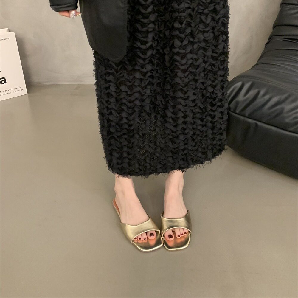 Korean Style Flat Slippers Silver Sandals Slippers Women's Summer Outfit Beach Slippers French Style Women's Shoes