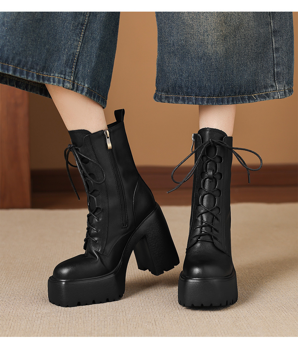 Boot nữ cổ ngắn da bò thật gót thô 12cm phong cách Anh Quốc — Lớp lót đơn màu đen, Lót nhung đen