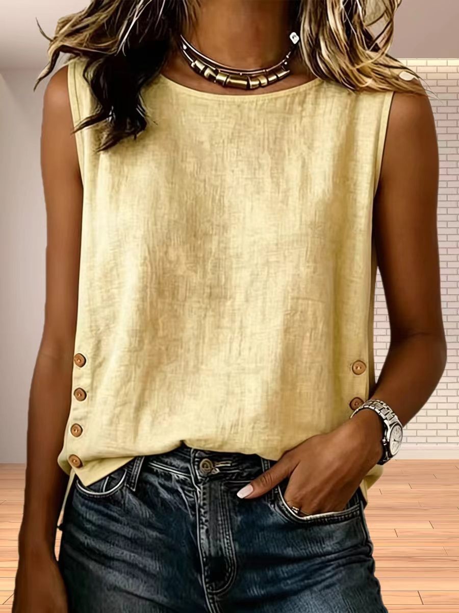 Womens Summer Sleeveless Loose Fit Tank Top Solid Color Round Neck Casual Style Wholesale Available