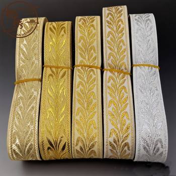 Popular 2.5cm Gold Willow Leaf Jacquard Ribbon, Special Ethnic Style Polyester Ribbon for Hanfu Gift Boxes