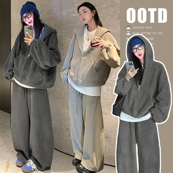 New Winter Velvet Thickened Double-Sided Velvet Lazy American Loose Retro Hooded Sweatshirt Suit